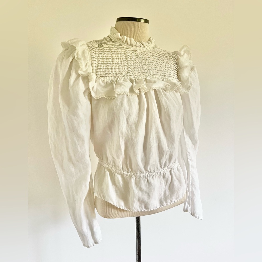 MNG White Linen Smocked Blouse Puff Sleeve Ruffle Neck Vintage-Inspired Crop Top - Picture 5 of 8